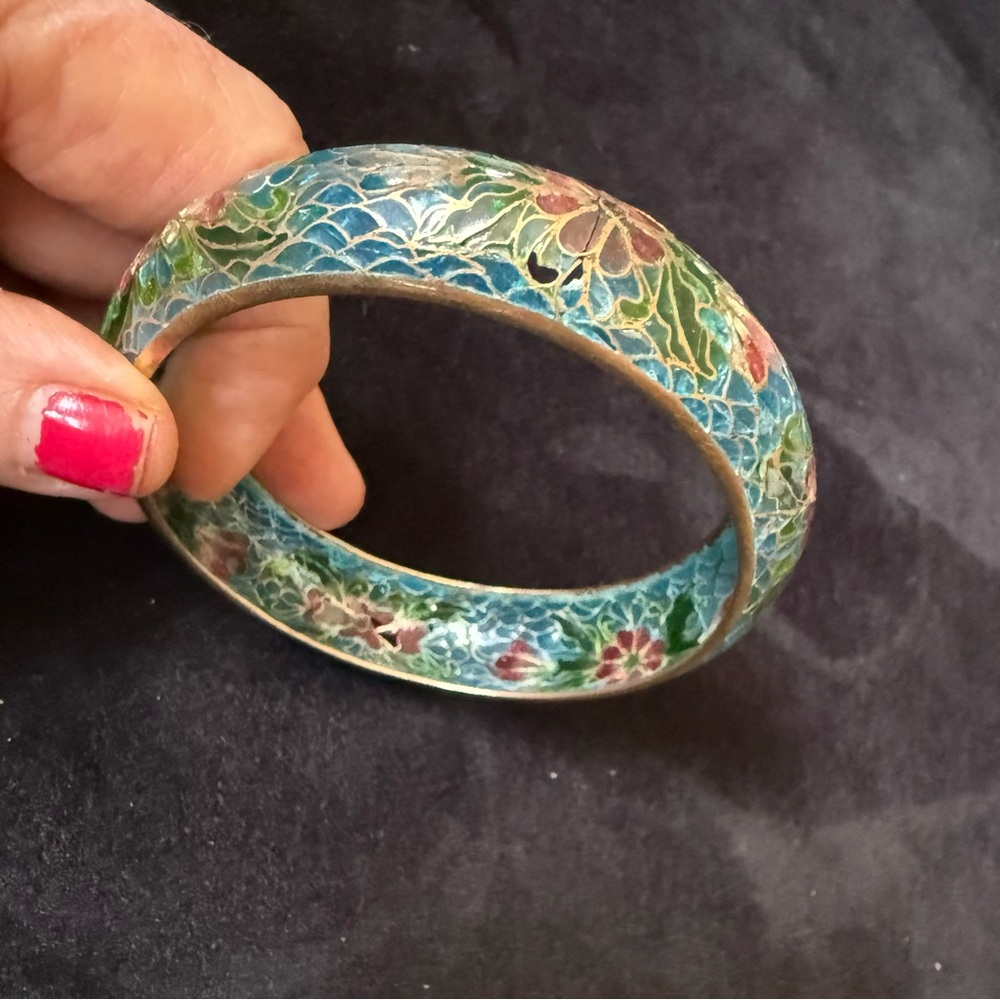 Gorgeous Vintage Plique A Jour Bangle Floral Design Stained Glass